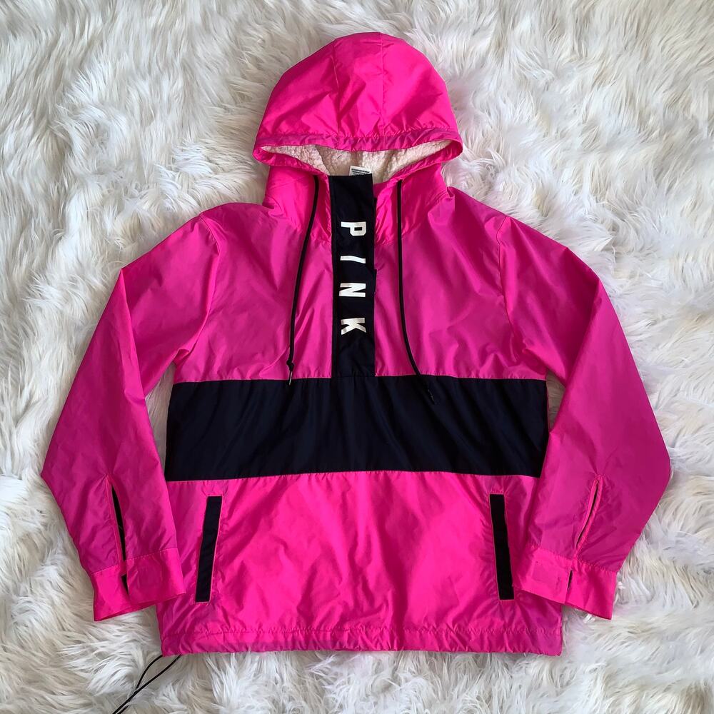 VS PINK Neon Anorak Popover Jacket 90s Windbreaker Fleece Lined Hooded Logo